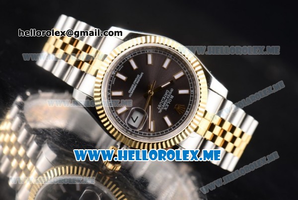 Rolex Datejust Clone Rolex 3135 Automatic Two Tone Case/Bracelet with Grey Dial and Stick Markers (BP) - Click Image to Close